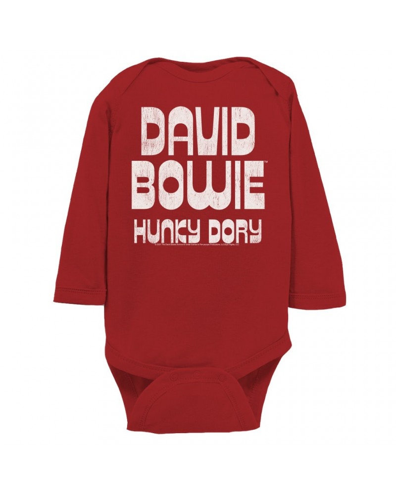 David Bowie Long Sleeve Bodysuit | Hunky Dory Logo Distressed Bodysuit $12.98 Shirts