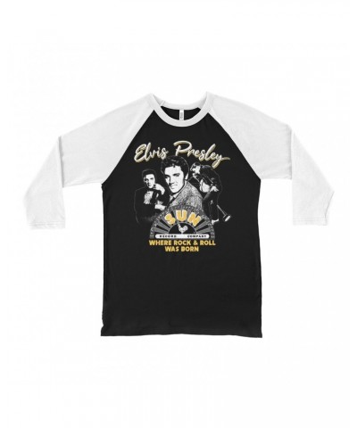 Elvis Presley Sun Records 3/4 Sleeve Baseball Tee | Where Rock n Roll Was Born Collage Sun Records Shirt $11.08 Shirts